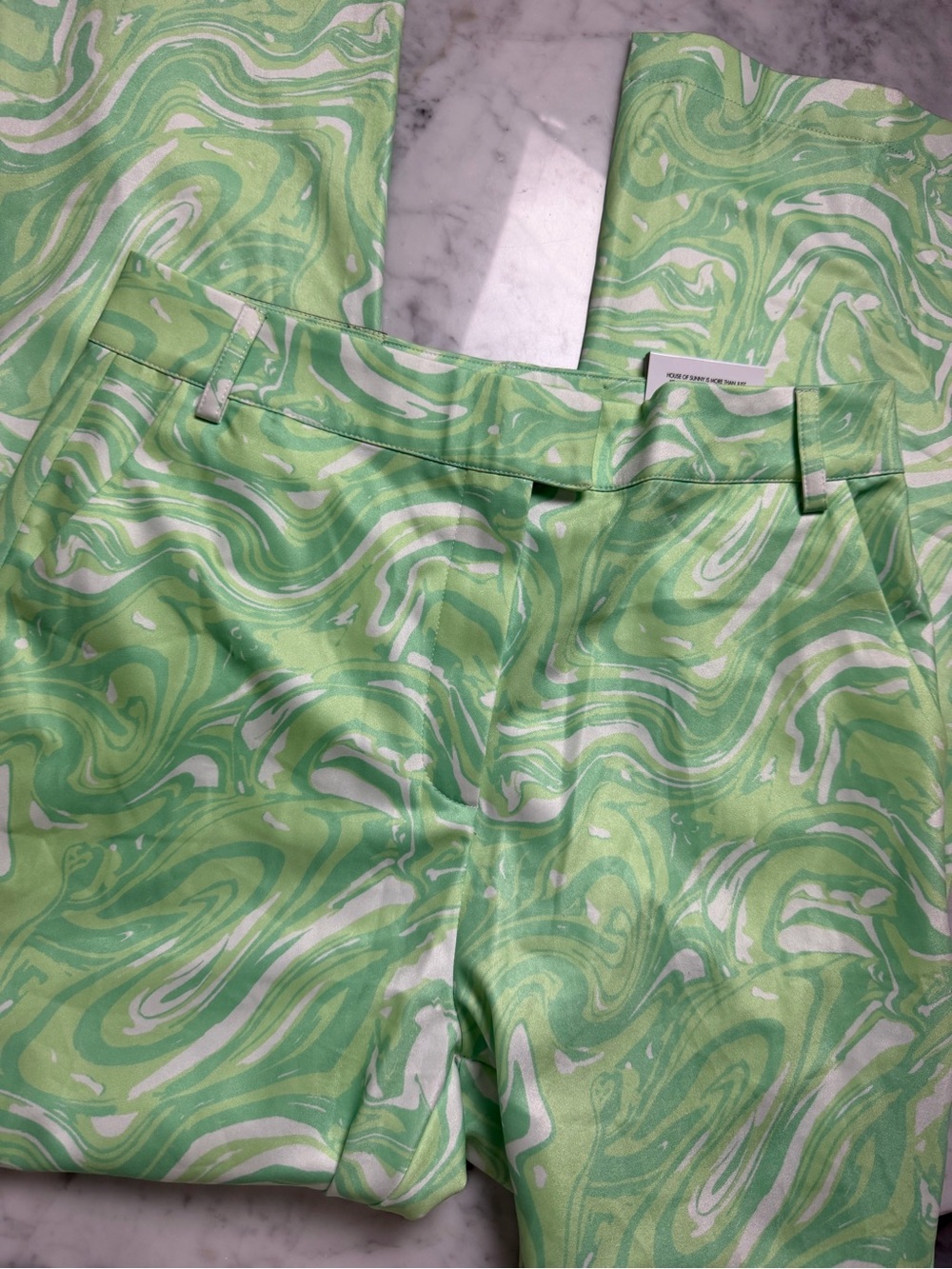 House of Sunny Light Green Marble-Print Chinos